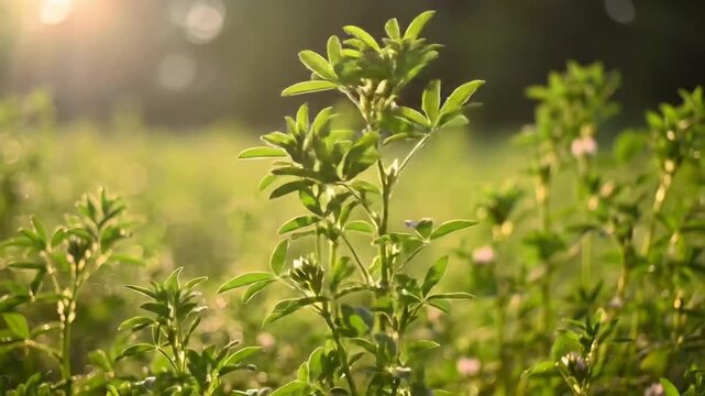 Close-up of a vibrant green alfalfa plant bathed in warm sunlight, standing tall in a lush field with a soft, blurred background of foliage.
