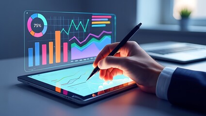Human hand interacts with a futuristic holographic display of vivid business charts and data analysis over a tablet