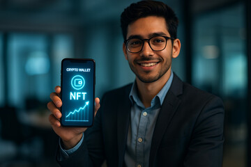 businessman with mobile phone showing the NFT trend in it