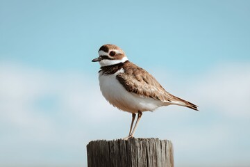 Cute shorebird sitting on an old wood post with beautiful feathers, clear sky in the background.