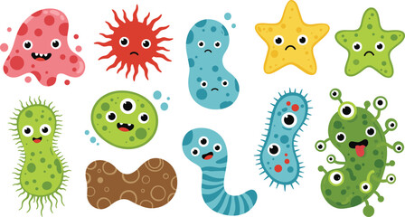 Cute cartoon germs, funny bacteria characters, happy and sad microbes, colorful viruses, microscopic monsters, science illustration, educational, kids design, clipart set isolated white background