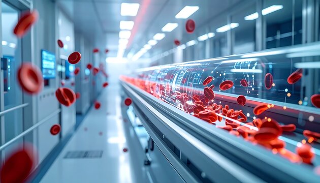 Red Blood Cells Flowing Through a Futuristic Medical Tube