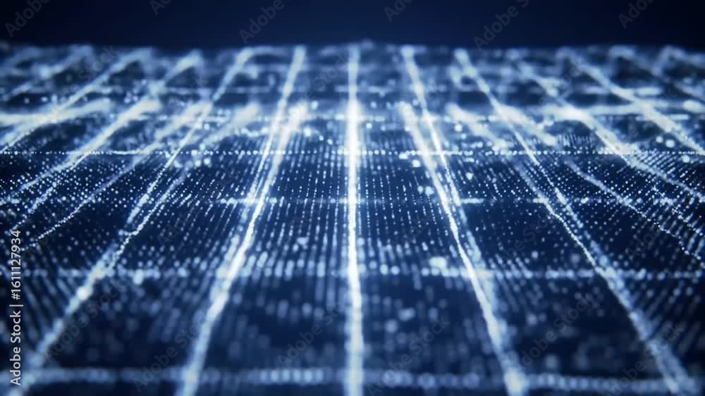 Poster abstract blue grid pattern with glowing dots, creating a futuristic and technological visual effect.
