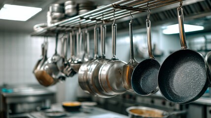 A professional kitchen scene with various pots and pans hanging from a rack, ready for use, emphasizing the organized and efficient layout of a culinary workspace.