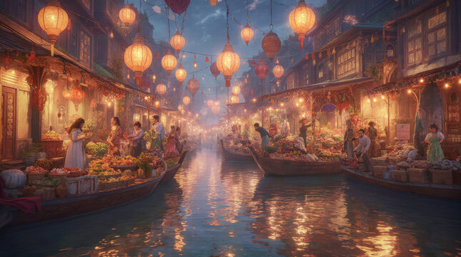 Generative AI Floating Market with Lanterns at Dusk Floating market Boats Produce Water Canal Asia Asian culture Night market Vendor Shopping Food River Reflection People - High Quality