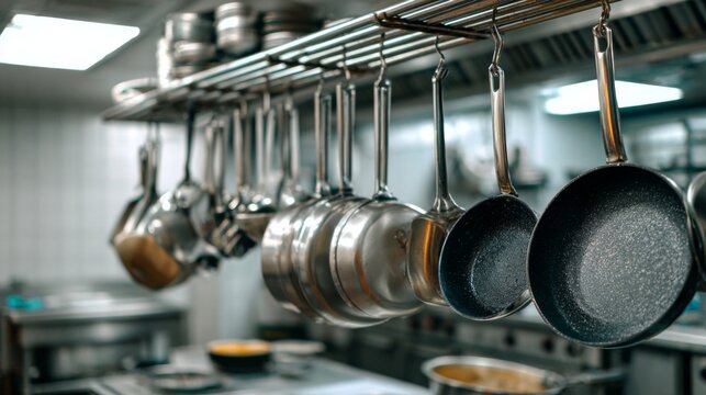 A professional kitchen scene with various pots and pans hanging from a rack, ready for use, emphasizing the organized and efficient layout of a culinary workspace.