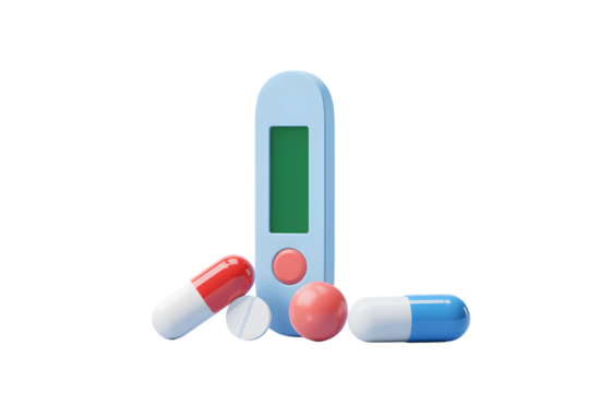 Digital Thermometer with Pills and Capsule Medication for Healthcare on transparent background