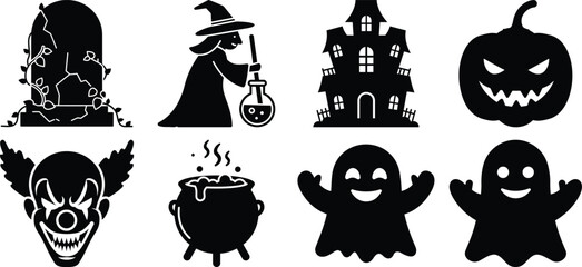 A collection of spooky halloween silhouettes including a witch, haunted house, pumpkin, ghost, tombstone, and clown isolated on white background