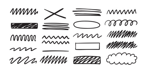 Underline doodle scribble pen highlighter mark highlight messy stroke line art black marker adds informal style. Perfect for rough textures, creative editorial graphics. Great for layout and accents