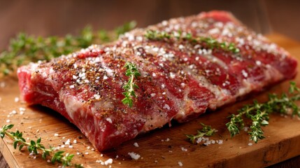 Obraz premium A raw rack of ribs, seasoned lightly with salt and pepper, placed on a rustic cutting board with a few sprigs of fresh thyme scattered around