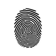 A black and white graphic illustration of a fingerprint on a white background