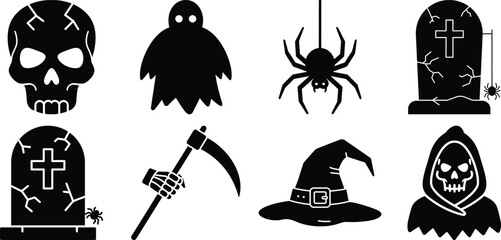 A set of halloween silhouettes featuring skulls, ghosts, spiders, tombstones, and a grim reaper isolated on white background