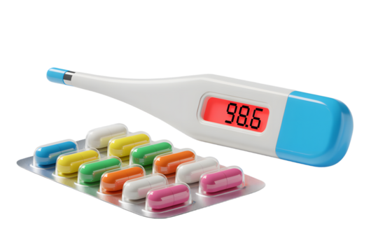 Thermometer Showing Normal Temperature with Colorful Pills in Blister Pack on Transparent Background - Powered by Adobe
