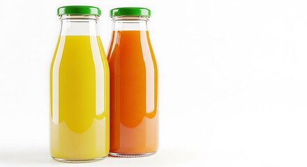 Two glass bottles of colorful fresh juice on a white background