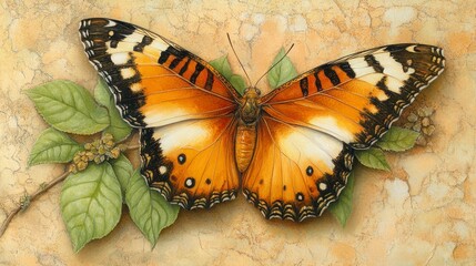 Detailed vintage-style artwork of a vibrant orange butterfly with black and white markings resting on green leaves against a textured background.
