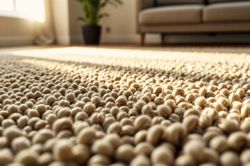 Obraz premium Sunlight streams across a textured, beige rug in a cozy living room, creating dramatic shadows and highlighting its woven details.