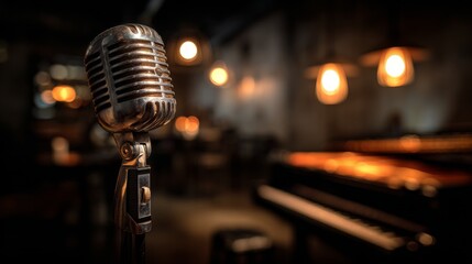 A retro microphone on a stand in a dimly lit jazz club, with soft, warm lighting highlighting the mic and a blurred piano in the background.