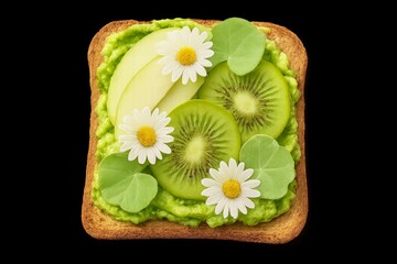 Avocado toast topped with kiwi, apple, and edible flowers on black background  