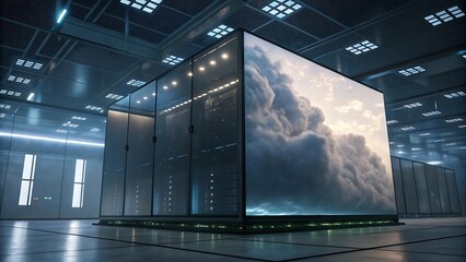 Modern Data Center Server Room with Cloud Computing Visualization