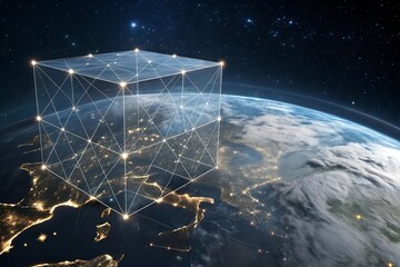 Global Network Connectivity Holographic Cube Over Earth at Night