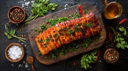 A rustic wooden board displaying marinated pork belly ready for grilling, with fresh herbs and spices scattered around for an appetizing look.