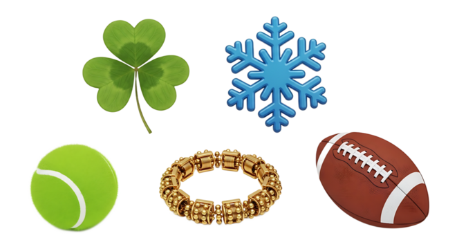 A Collection of Sports Equipment and Seasonal Symbols Including a Tennis Ball a Football a Shamrock and a Snowflake