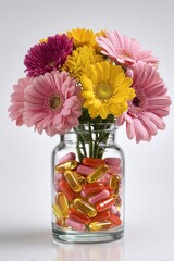 A glass jar filled with colorful capsules sits among a bouquet of pink, yellow, and purple gerbera daisies. The scene highlights health and wellness themes.