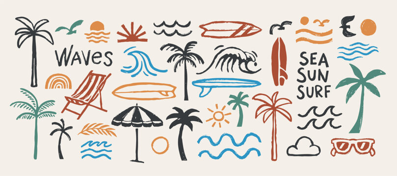 Hand-drawn doodle beach and surf icon vector set in retro colors with tropical elements like palm trees, waves, surfboards, and sun. Perfect for summer designs, t-shirts, posters, and coastal designs.
