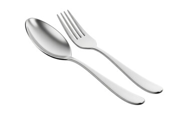 A gleaming silver spoon and fork set elegantly arranged on a white background.