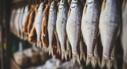 A row of dried and salted fish hanging up to cure or for sale at a traditional market.