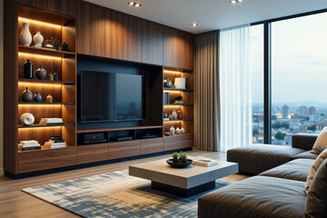 Fototapeta premium A modern living room showcases a large entertainment center with built-in shelving, a sleek television, and a comfortable gray sectional sofa facing a minimalist coffee table with a city skyline vis