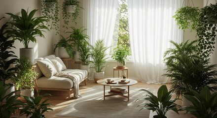 Bright and Airy Living Room Filled with Indoor Plants and Natural Light