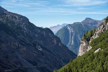autumnal mountain landscape inside the Stelvio National Park along the Lombard side, Sondrio, Italy