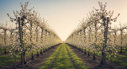Naklejka premium Blooming Orchard: A Tranquil Pathway Through Rows of Blossoming Trees
