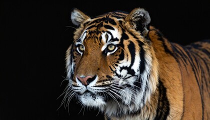 High-resolution portrait of a majestic tiger with piercing eyes, isolated on a stark black background, showcasing its powerful presence.