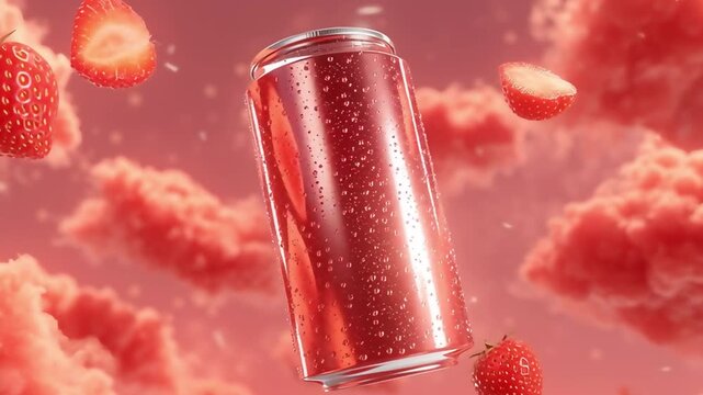 Strawberry Soda Can Floating in Dreamy Pink Cloudscape with Fresh Strawberries