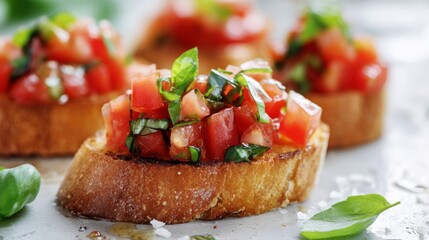 A serving of Italian bruschetta with toasted bread, diced tomatoes, garlic, and basil, arranged on a white surface for a fresh and appetizing presentation.