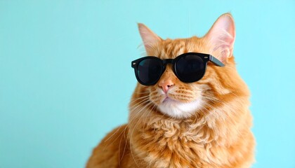 Close-up portrait of a funny ginger cat wearing cool black sunglasses, looking stylish and isolated on a solid light cyan background