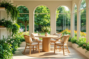 A sunlit conservatory features a round wooden table with wicker chairs and cushions, framed by arched windows overlooking a lush garden.