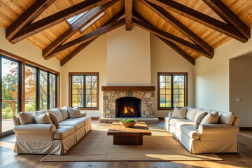 A spacious living room showcases a vaulted, exposed beam ceiling and a stone fireplace, complemented by comfortable sofas and large windows overlooking an autumnal landscape.