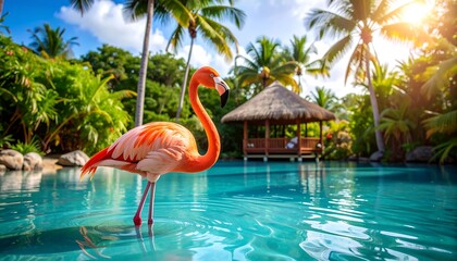 Elegant flamingo stands gracefully in turquoise water surrounded by palms