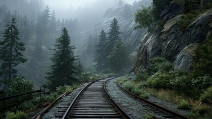 Fototapeta premium A set of railroad tracks cutting through a mountainous landscape, with tall trees lining the tracks and fog drifting through the hills