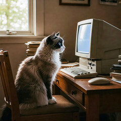 Cat Using an Old Computer