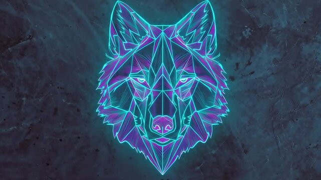 Neon Wolf Head: Geometric, Glowing, Abstract Design on Dark Marble Background