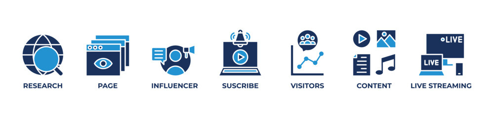 Digital Influence Strategy Icons set vector illustration blue with Research, Page, Influencer, Suscribe, Visitors, Content, Live streaming