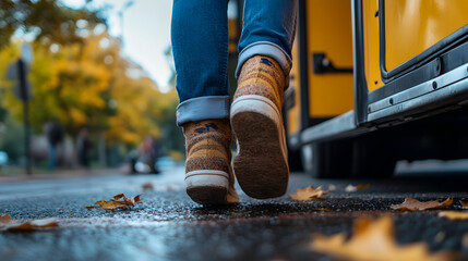 Person exiting a yellow bus wearing tan boots on a wet street with autumn leaves visible around them
