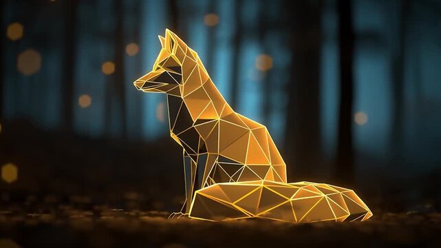 Geometric Fox: Low Poly Animal in Dark Forest, Glowing Digital Art