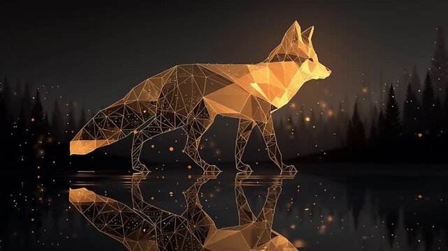 Geometric Fox Reflection: Golden Low Poly Animal in Dark Forest Landscape