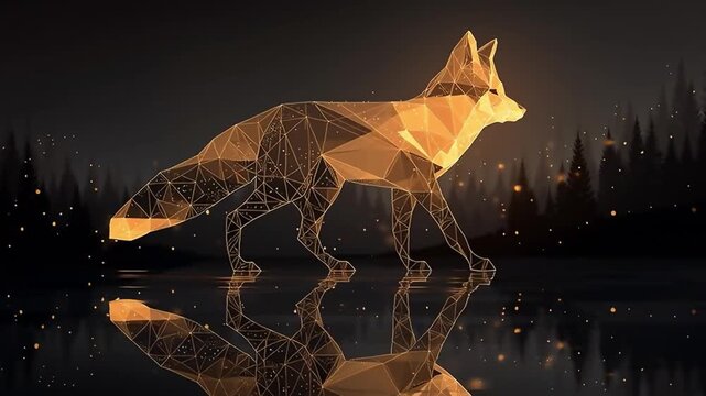 Geometric Fox Reflection: Golden Low Poly Animal in Dark Forest Landscape