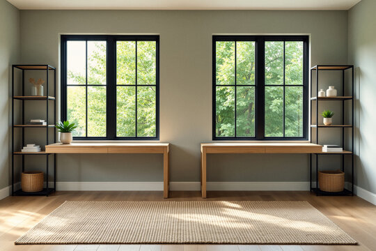A modern interior design showcases two desks with metal shelving units flanking large windows overlooking a lush, green landscape.